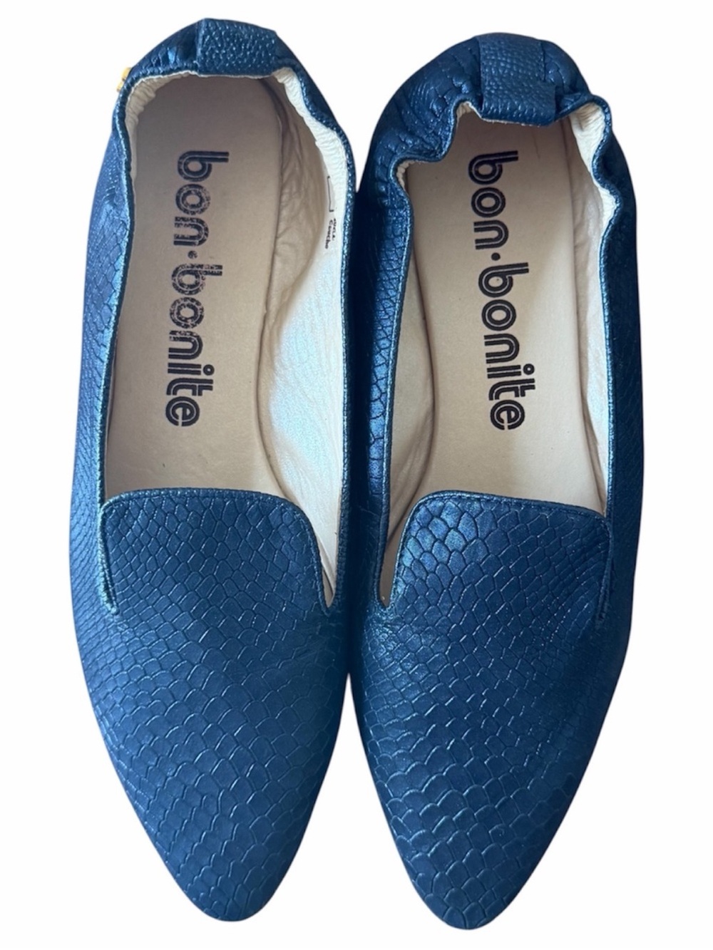 Bon-Bonite Blue Leather Snakeskin Embossed Pointed Toe Loafer Flats Size 9
